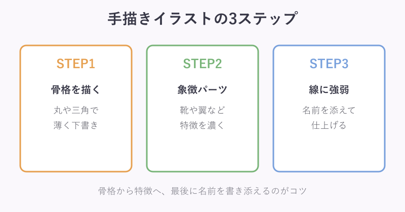 手描きイラスト3ステップ図