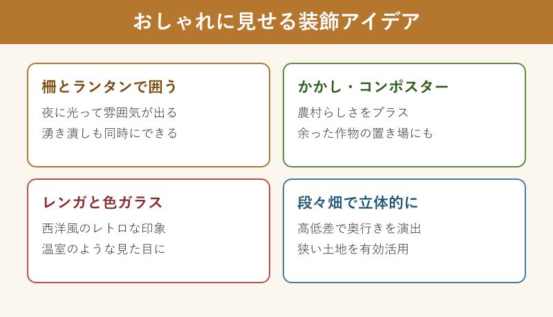 おしゃれな畑の装飾アイデア4種の比較カード