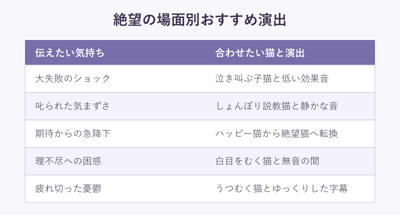 絶望の場面別おすすめ演出の対応表