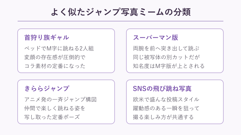 ジャンプ写真ミーム4種の比較図